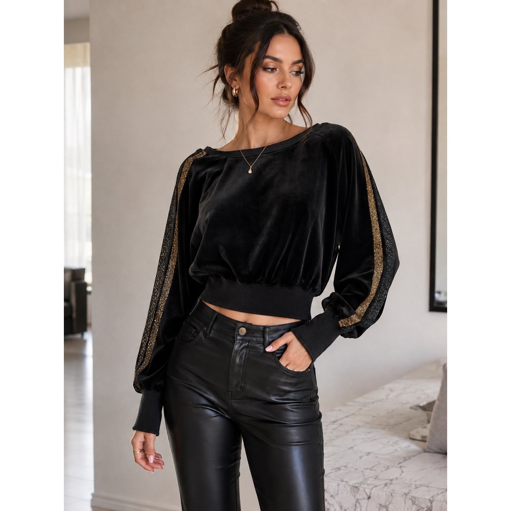 Pam & Gela Black Velourβ Cropped Sweatshirt Metallic Glitter Stripe Small P